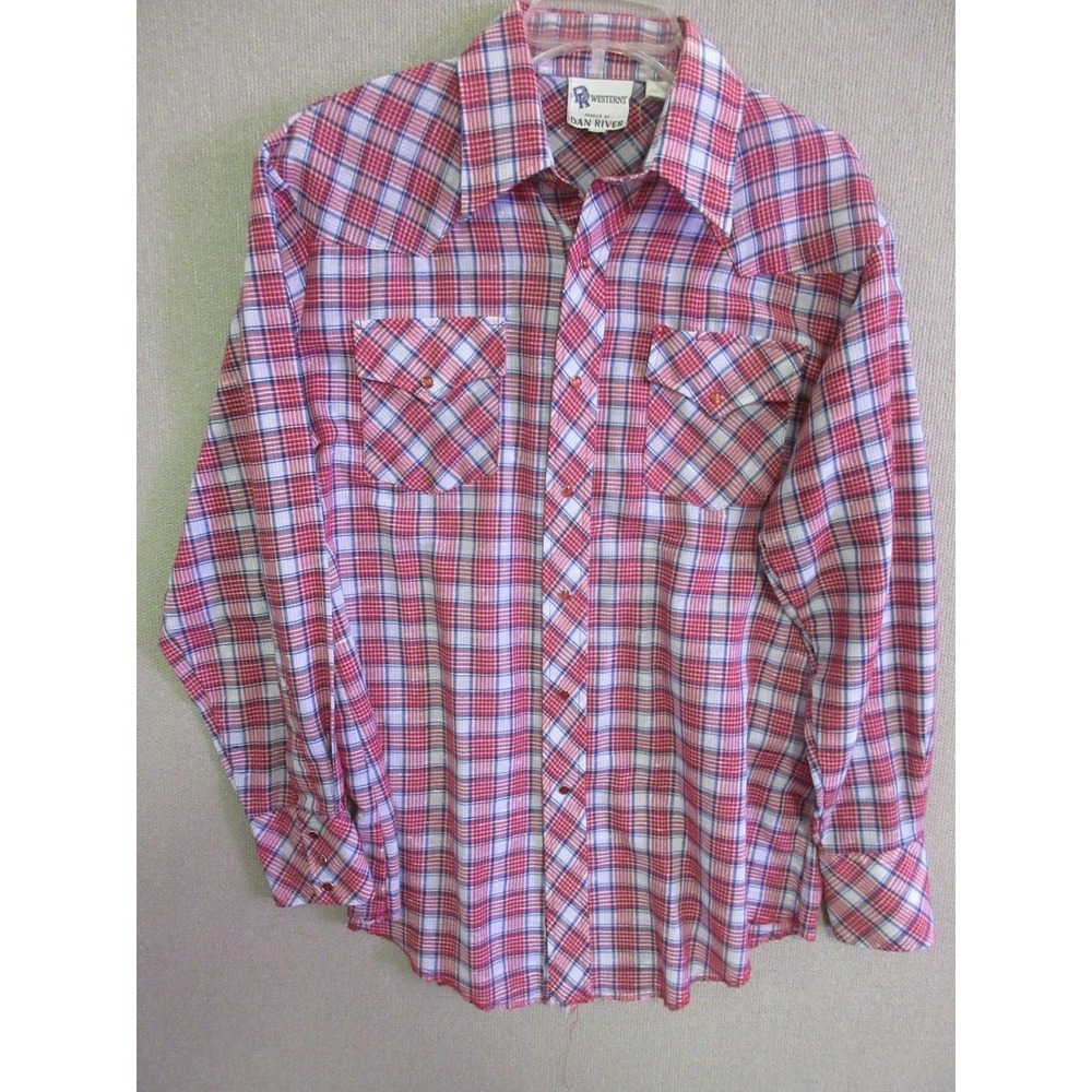 Vintage Dan River Plaid Western Shirt Size 16 - 33 Red Snaps